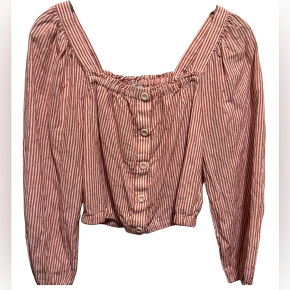 Madewell Puff Long Sleeve Button Down Crop Top Embroidered Stripes Orange Sz XS - Picture 3 of 12